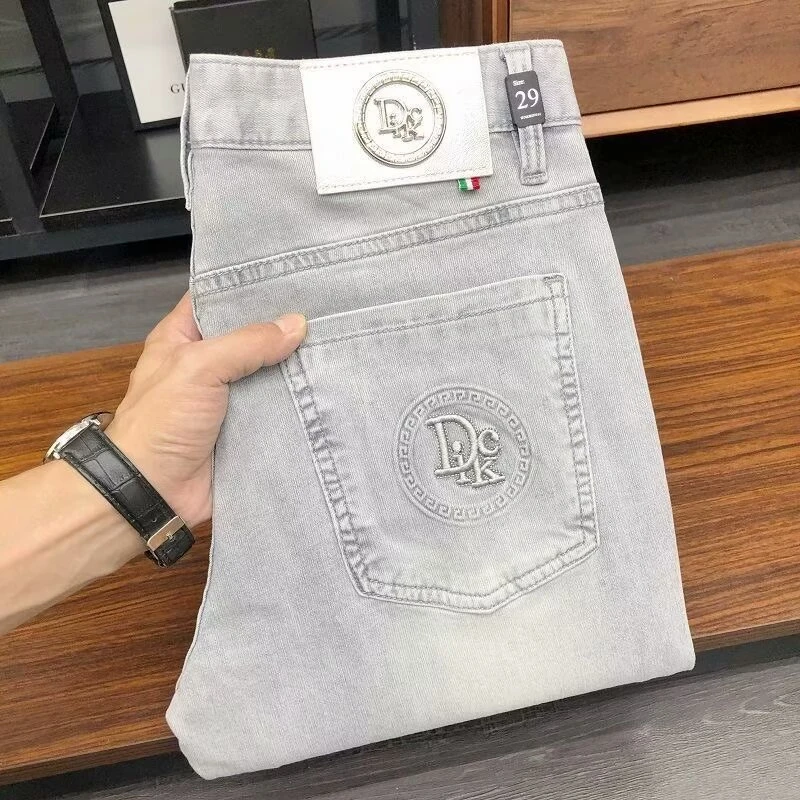 轻奢夏季冰丝牛仔裤弹力修身小脚九分新款百搭印花休闲长裤子男