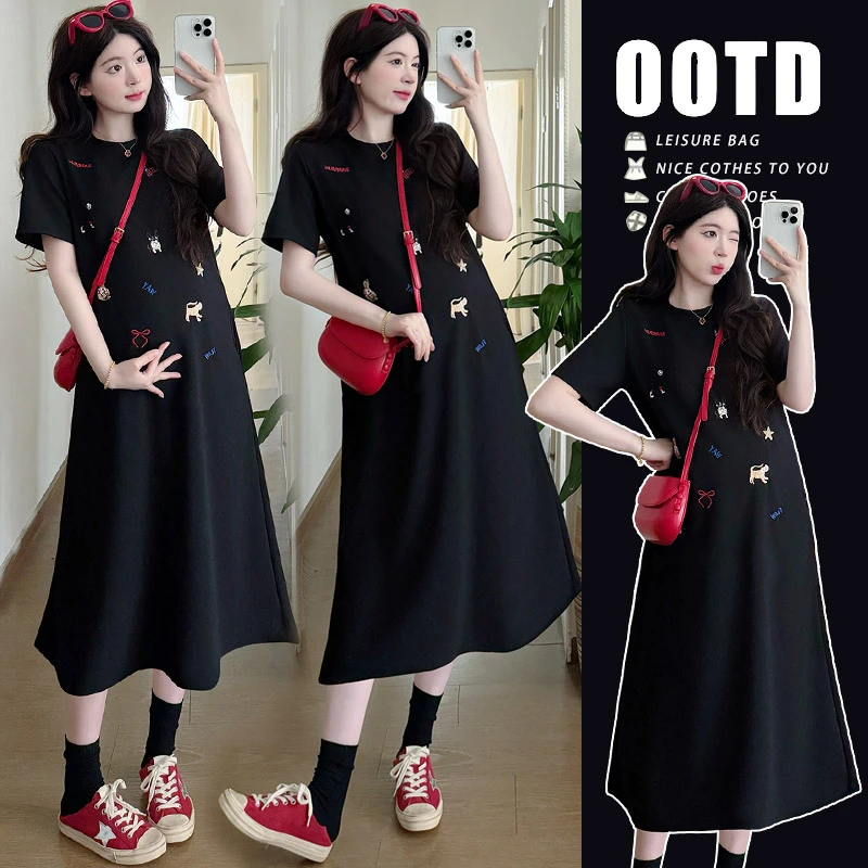 孕妇连衣裙2025夏季新品韩版百搭设计刺绣小狗显瘦孕妇裙子中长款