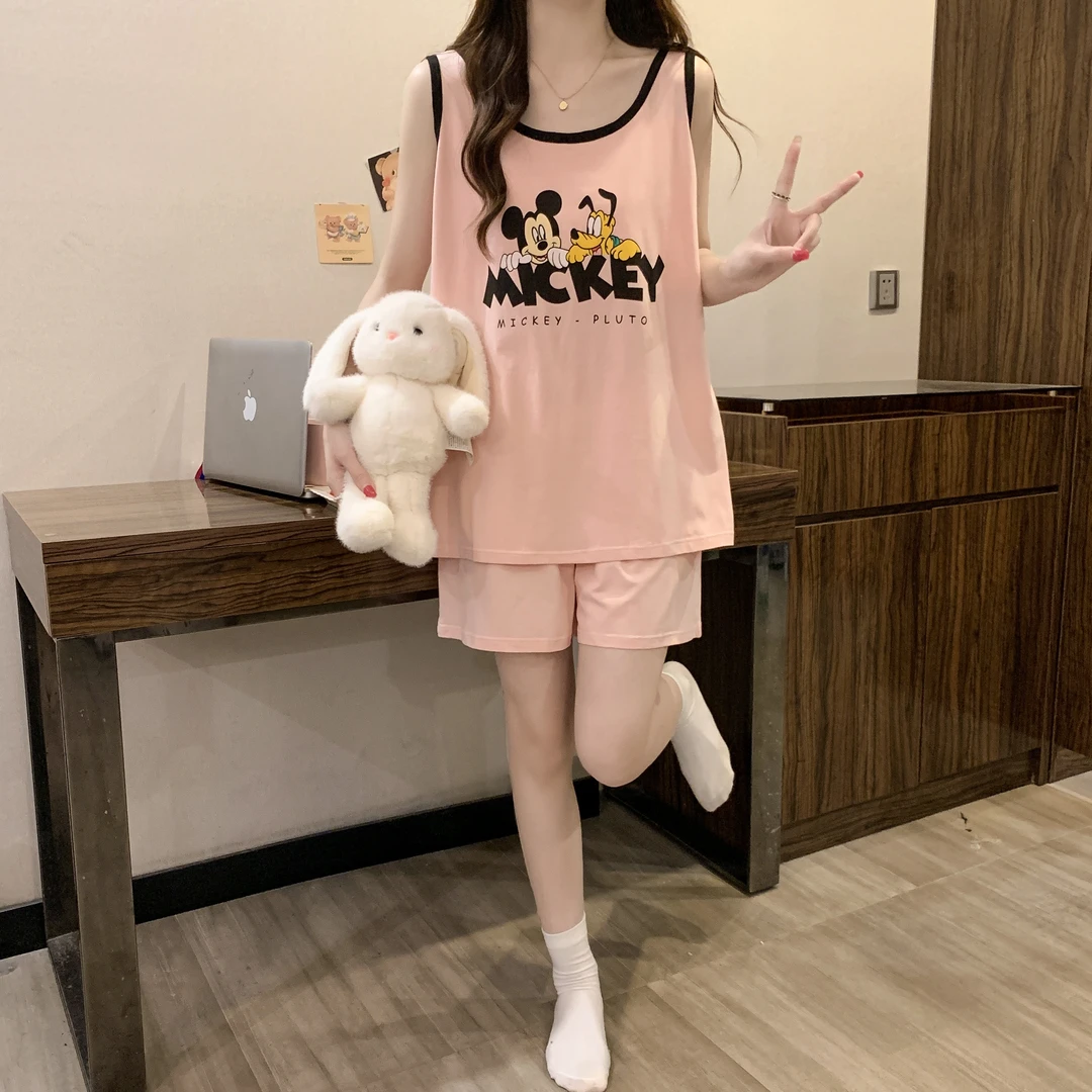 无袖背心套头夏季爆款带胸垫短裤睡衣女生卡通可爱印花家居服套装