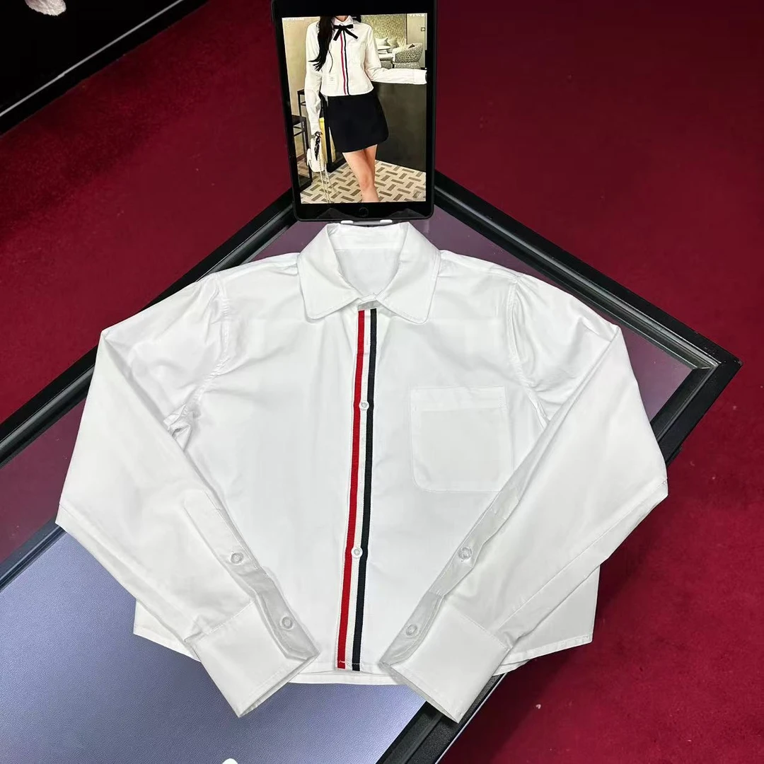 D625新款时尚织带白色衬衫休闲轻奢女士经典衬衣