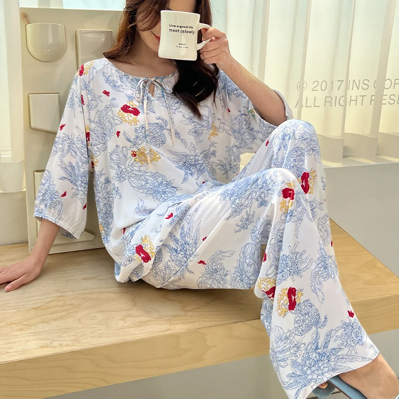 2422#夏季睡衣女士爆款五分袖九分裤薄款休闲棉绸家居服人造棉