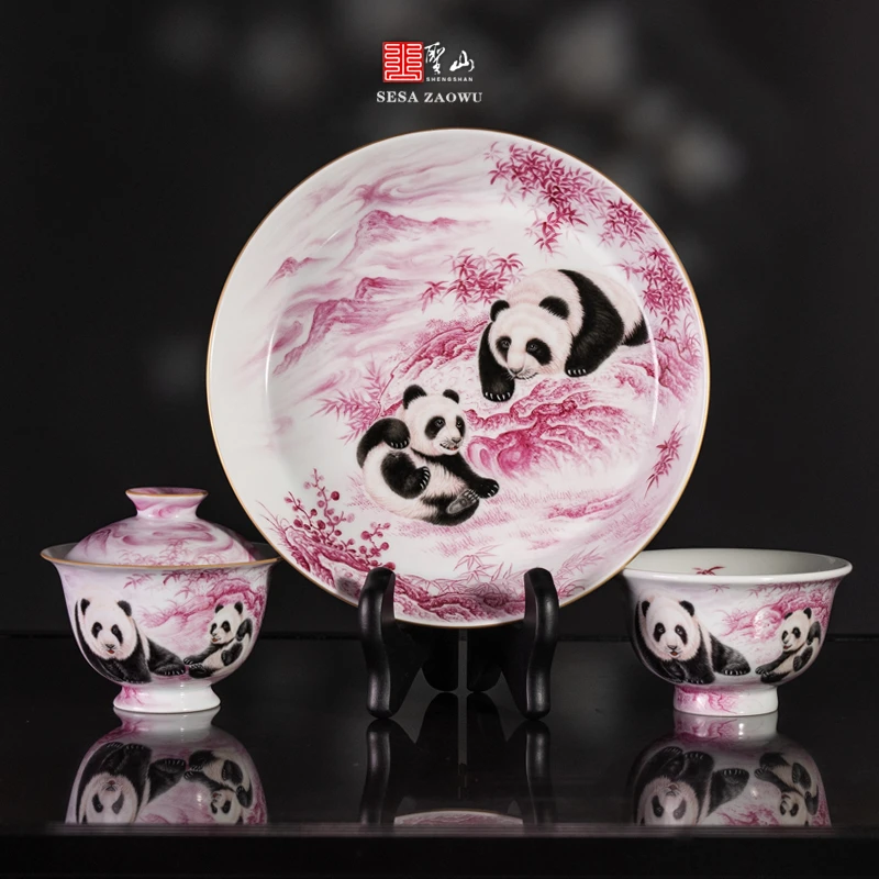 圣山景德镇粉彩宝石红手绘竹林熊猫盖碗中式手工陶瓷茶具盖碗茶杯