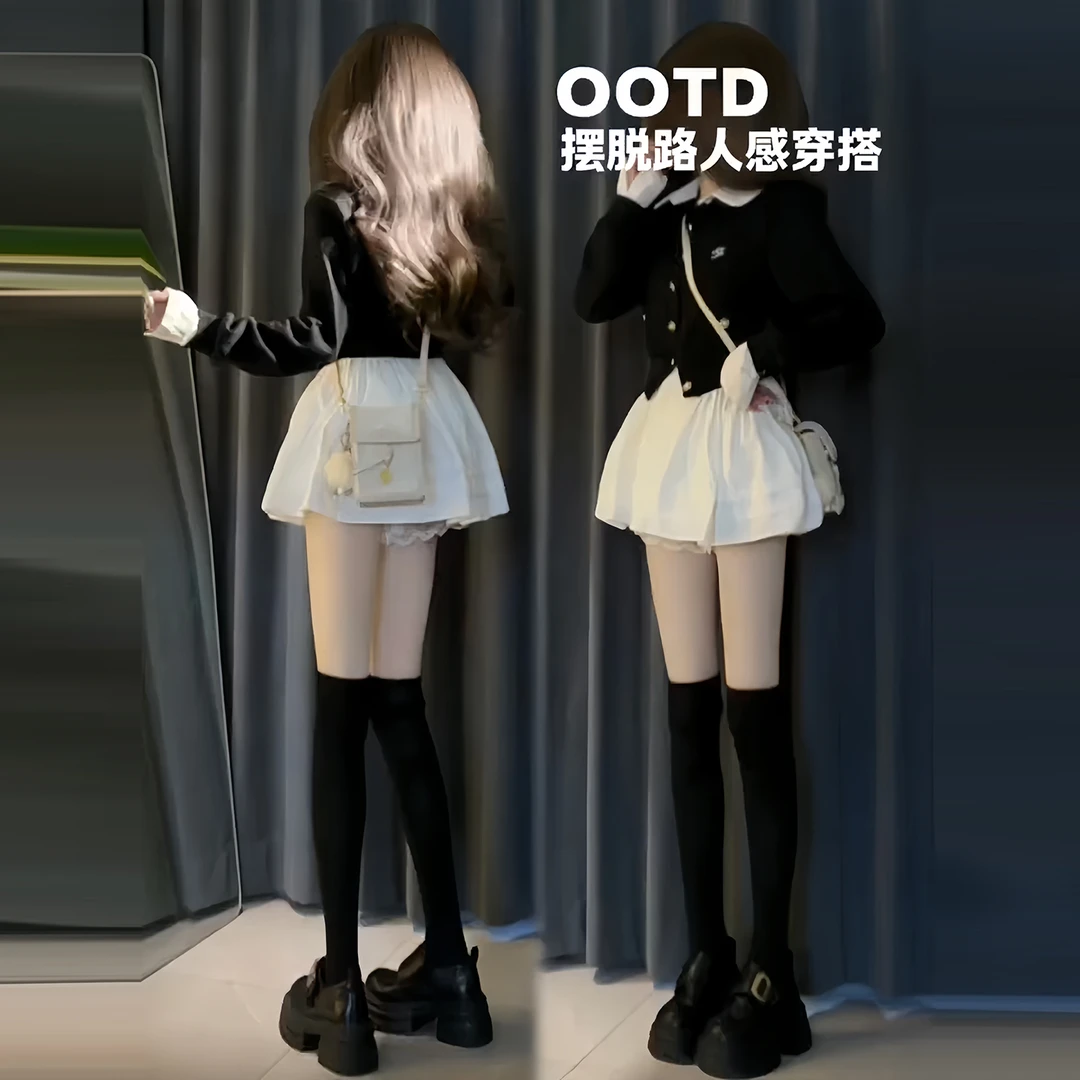 小香风撞色拼接假两件针织开衫女装秋季新款高腰白色百褶裙两件套