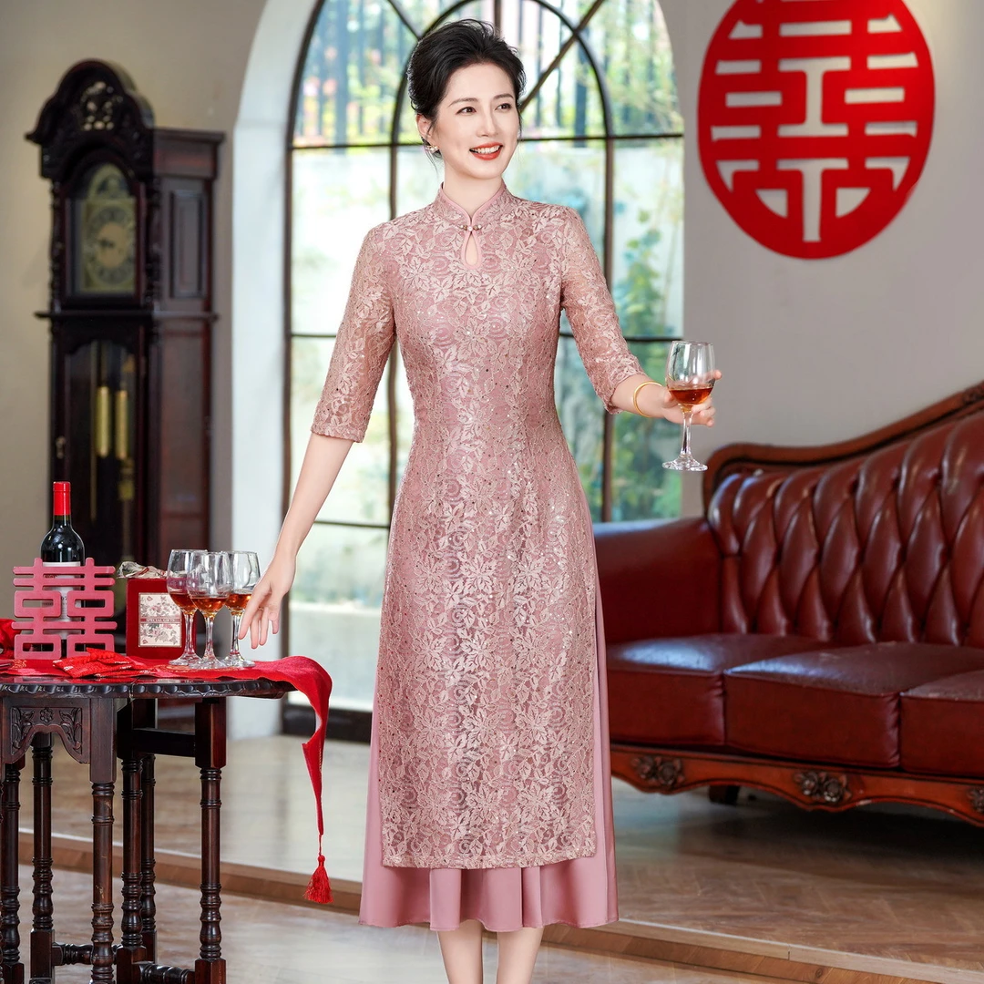 夏季新款高级感高贵旗袍连衣裙F98婚礼国潮婚宴装妈妈装气质中袖