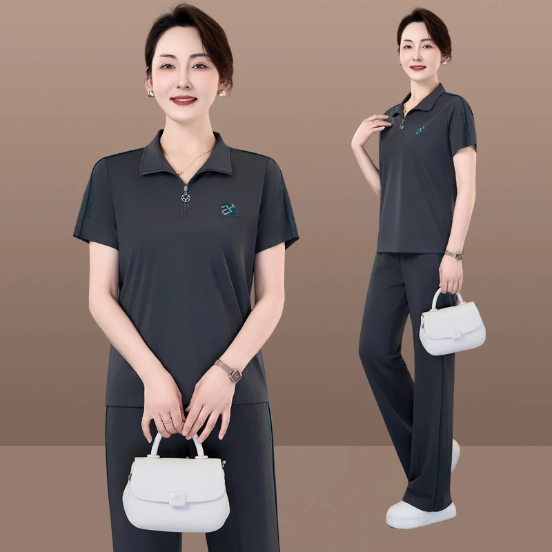 恩狐夏季运动套装女2025新款洋气妈妈减龄显瘦时尚短袖长裤两件套