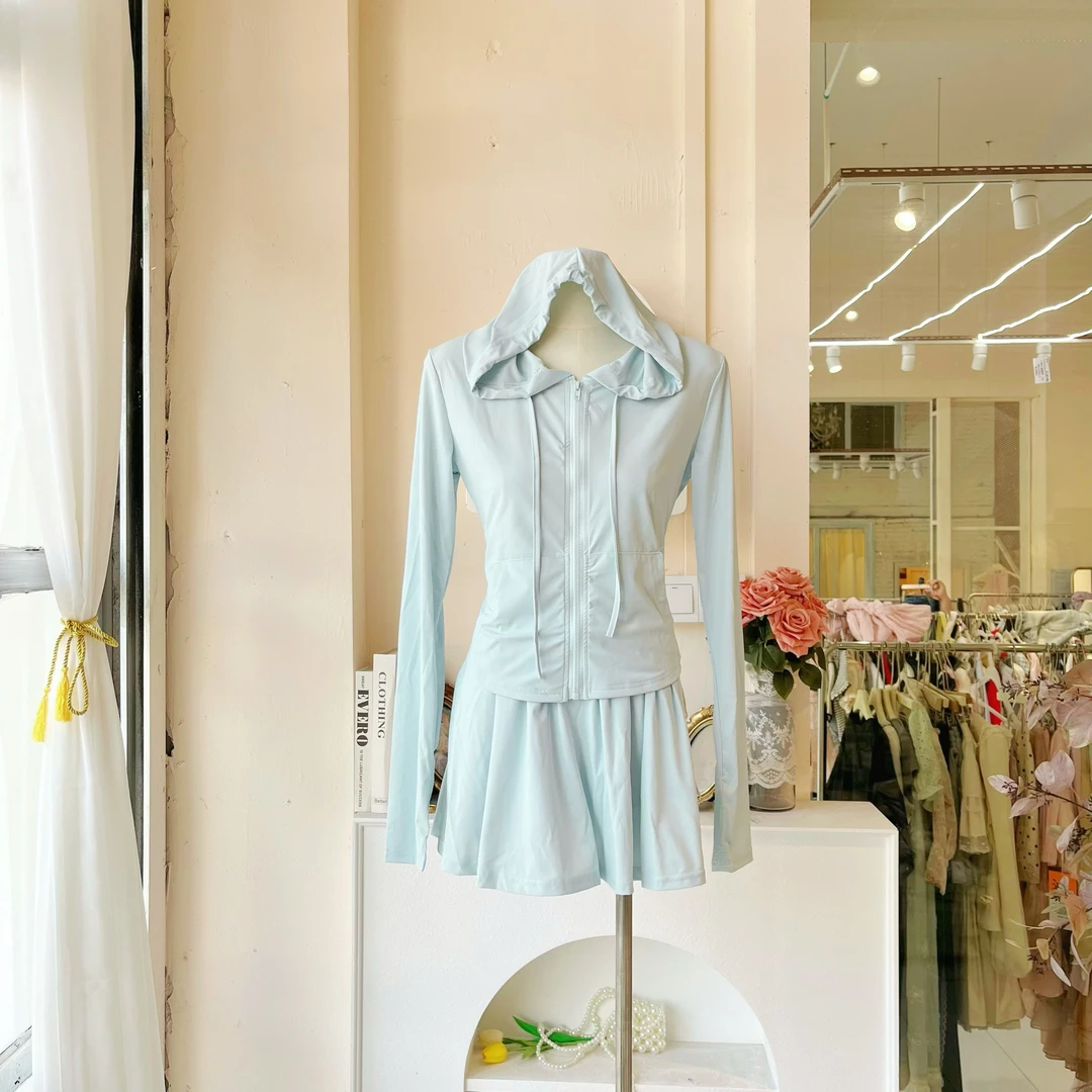 LHTE青青大码女装 夏款显瘦百搭蓝色长袖防晒外套裙子套装T1363