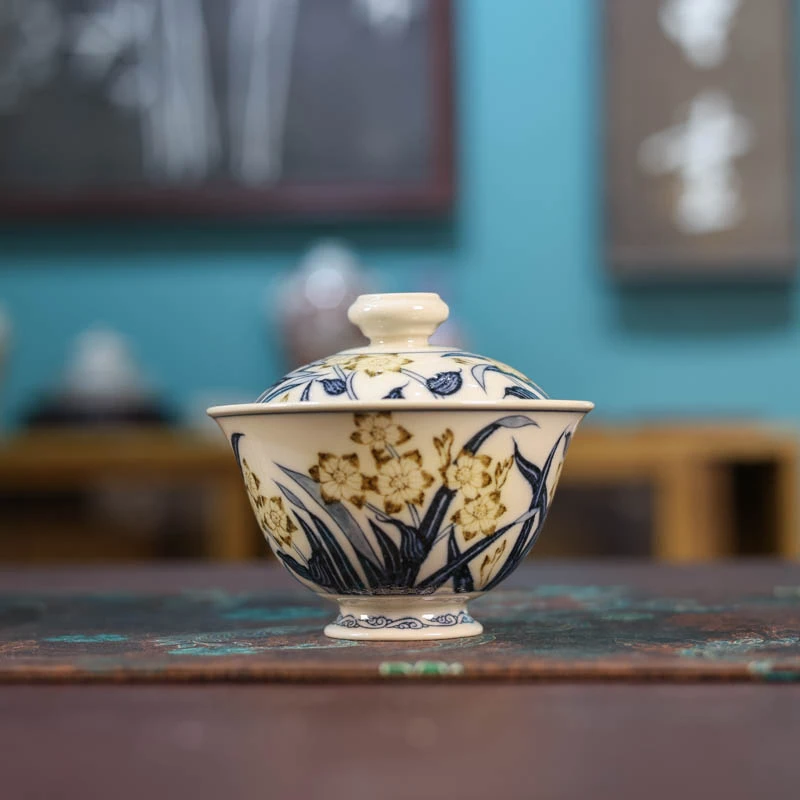 【三山拙垆】立勤堂青花釉里金水仙撇口盖碗（YLJ-GW-091）