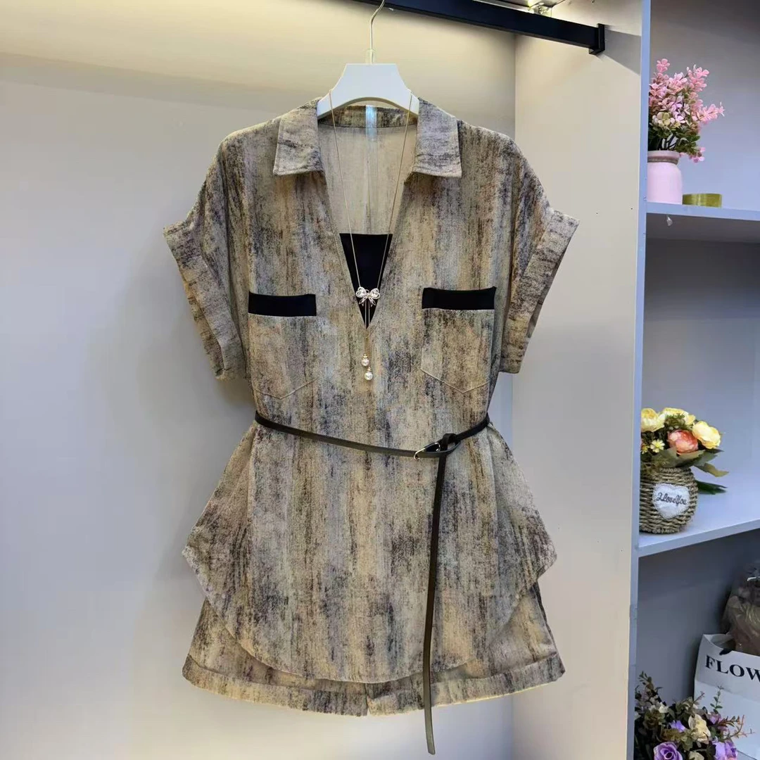 2025新款大码女装时尚气质小翻领复古晕染色高级感短裤两件套套装
