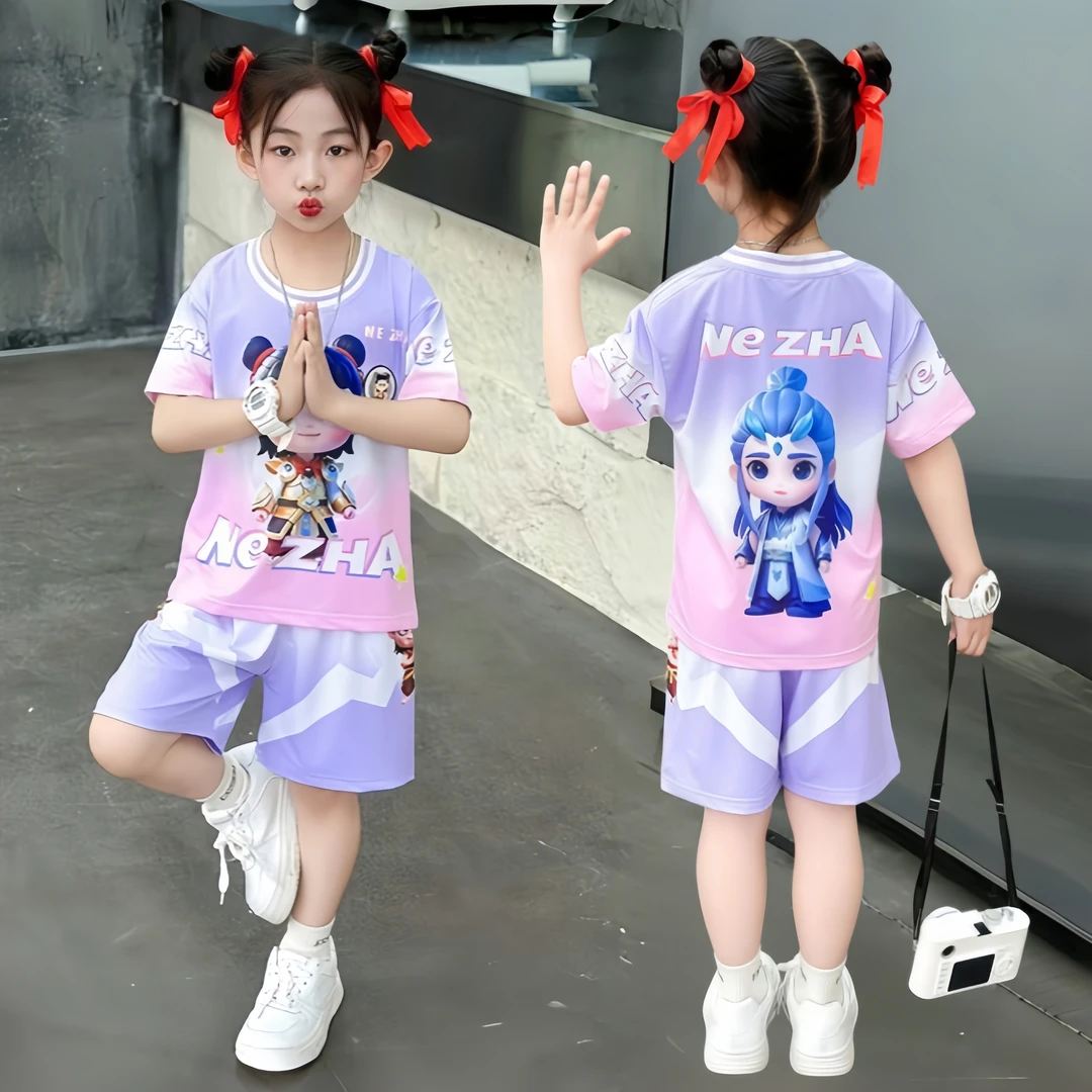 女童哪吒套装夏款2025时尚中大童女童洋气短袖T恤冰丝短裤两件套