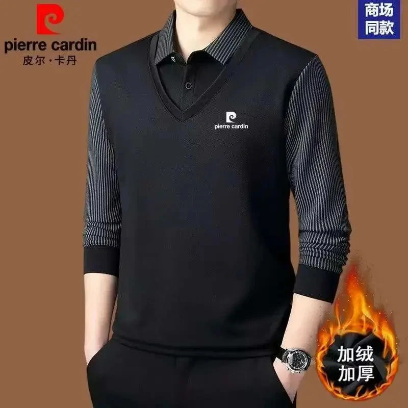皮尔卡丹男士翻领假两件秋冬季加绒时尚休闲中年长袖POLO衫