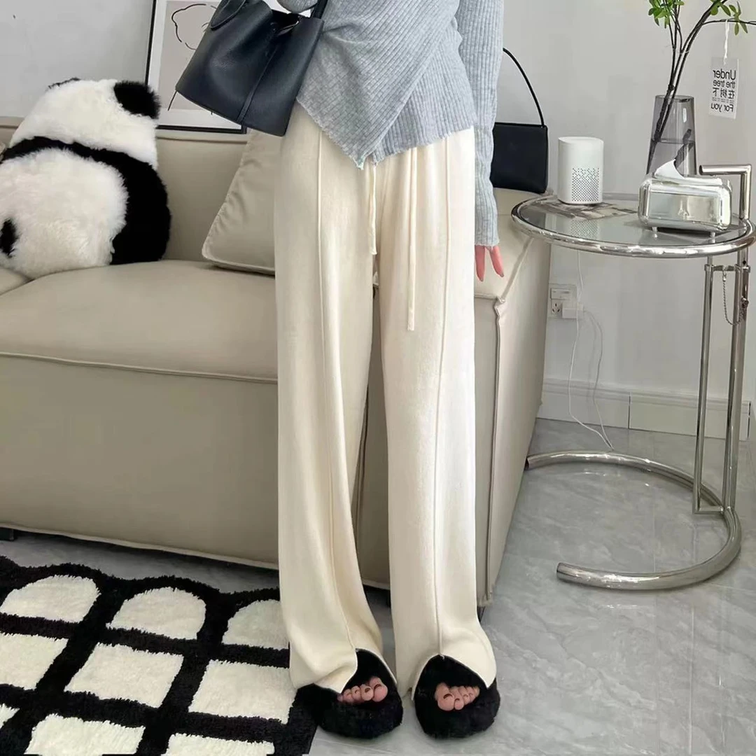 垂感慵懒新款显瘦直筒女裤拖地长裤子温柔风针织休闲厚款弹力阔腿