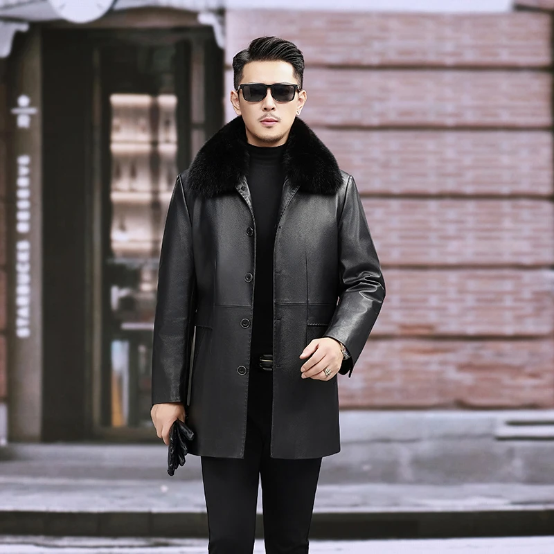 冬季海宁头层牛皮真皮皮衣男中老年爸爸装狐狸毛领皮大衣夹克外套