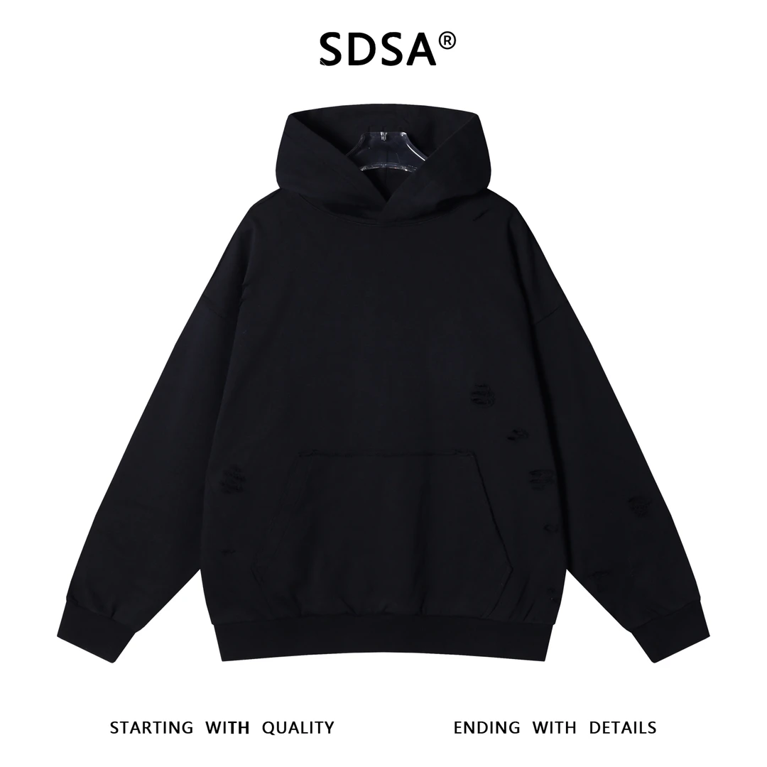 SDSA男士秋冬新款痞帅男装韩版纯色裁剪破洞连帽卫衣时尚情侣上衣