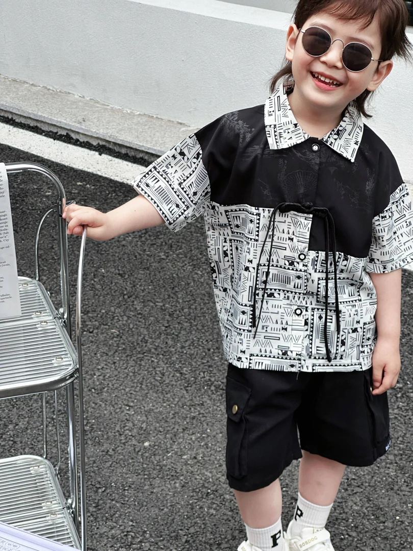 新中式男童短袖帅气古风儿童汉服男孩子国风唐装小少爷走秀演出服