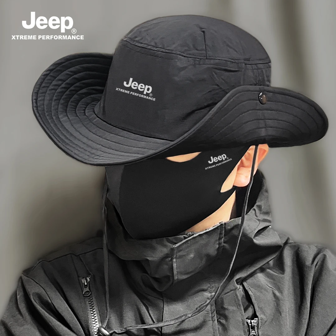 JEEP/吉普帽子男士夏季防晒大檐遮阳帽防紫外线冰丝口罩户外套装