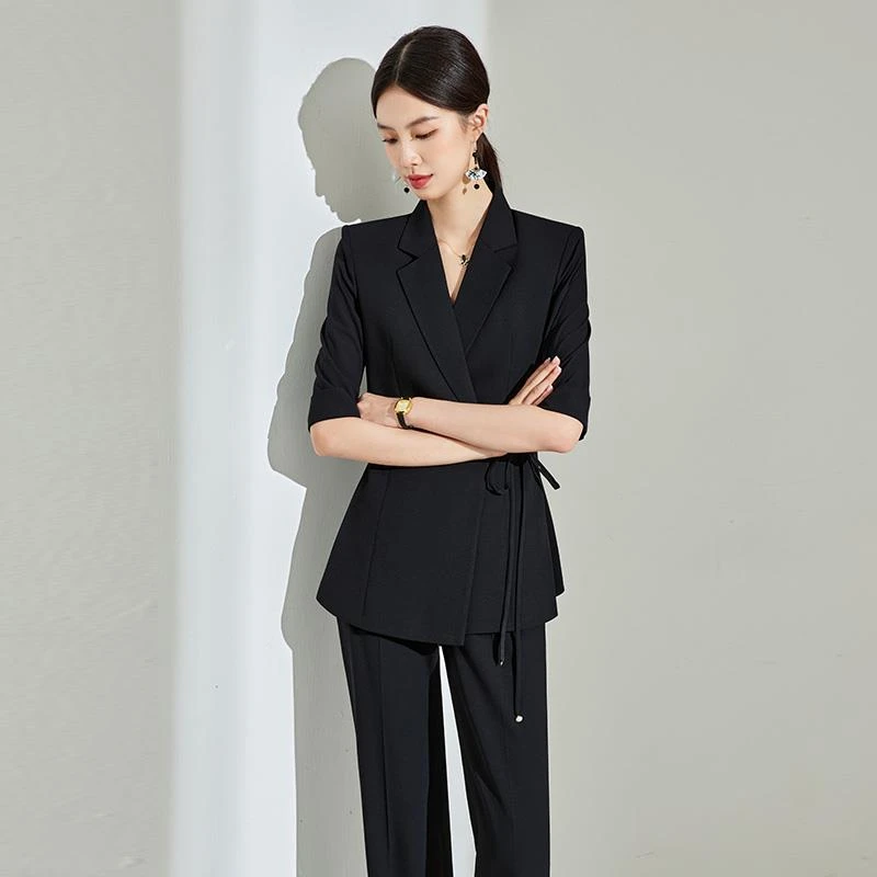 夏季新款时尚套装女黑色系带短袖西装喇叭裤服装气质高级