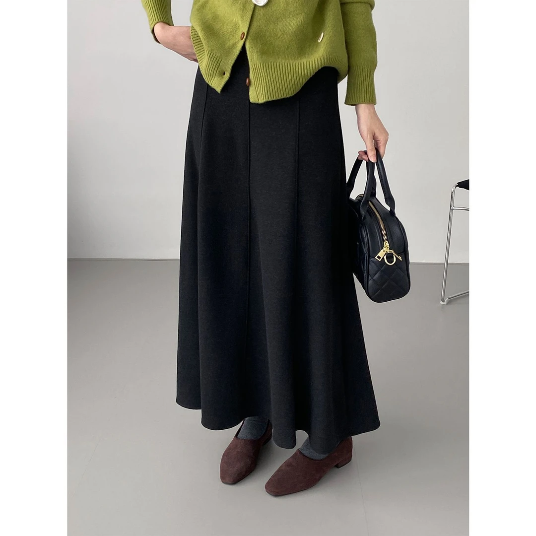 韩系通勤气质垂感拼接半身裙女松紧腰大摆A字显瘦长裙