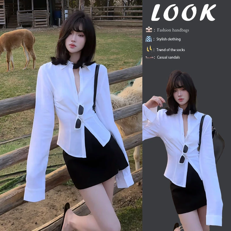 韩系穿搭2025春季新款女百搭显瘦气质简约收腰长袖衬衫短裙两件套
