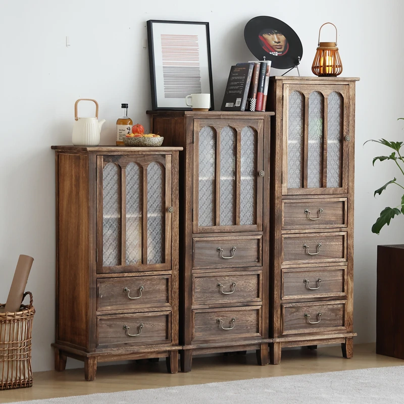 美式客厅餐边柜多层置物卧室斗柜收纳柜实木中古书柜玻璃储物柜子