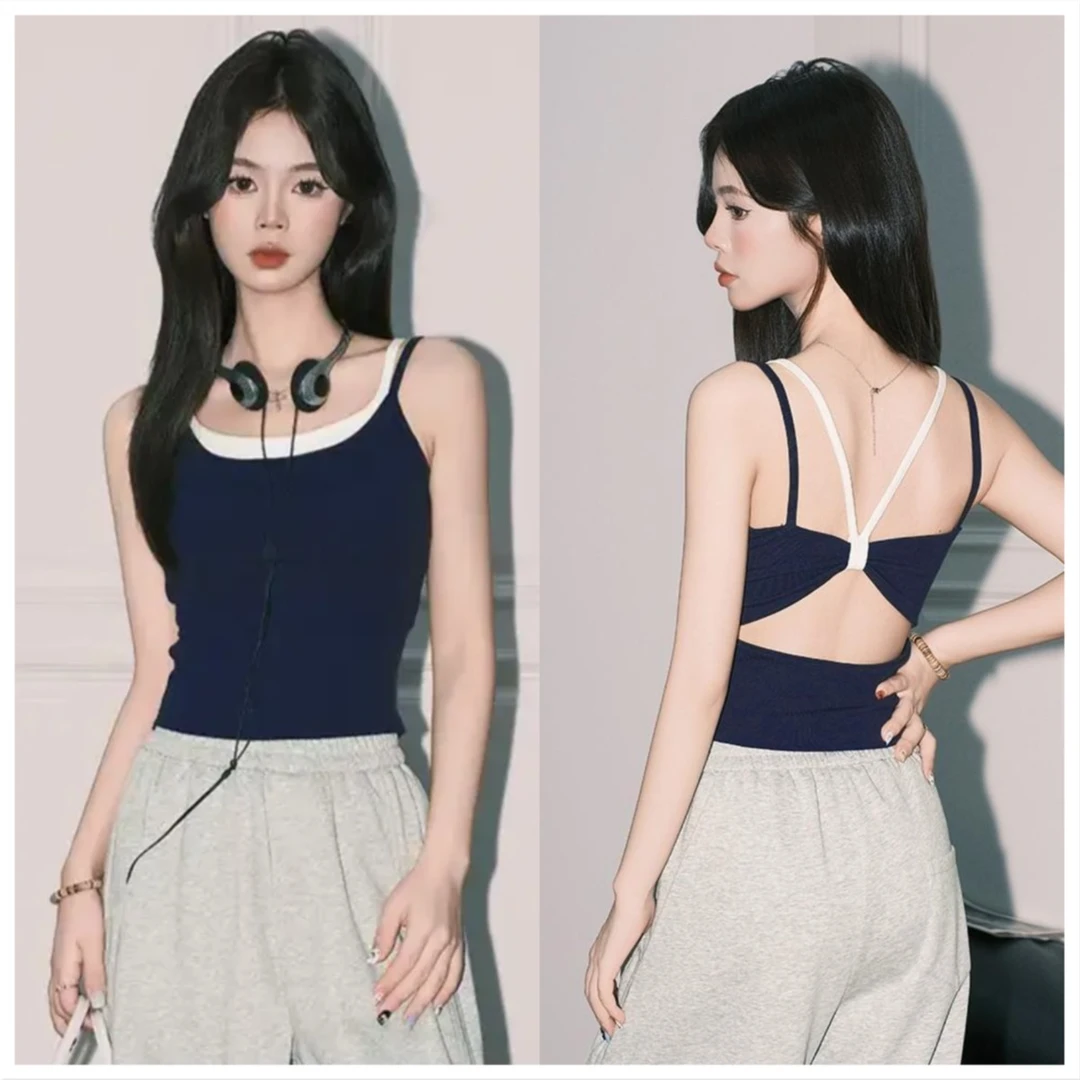 夏季新款假两件修身美背上衣女带胸垫背心内搭可外穿女款早秋背心