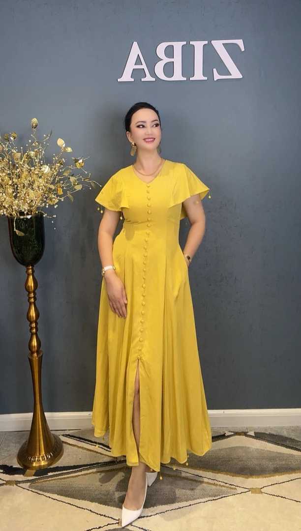 ZIBA潮牌女装夏季女装新中式绿色气质设计师圆领收腰裙子长款