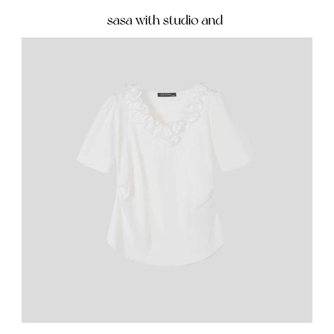 重工花边设计T恤显瘦V领短袖百搭上衣 8079