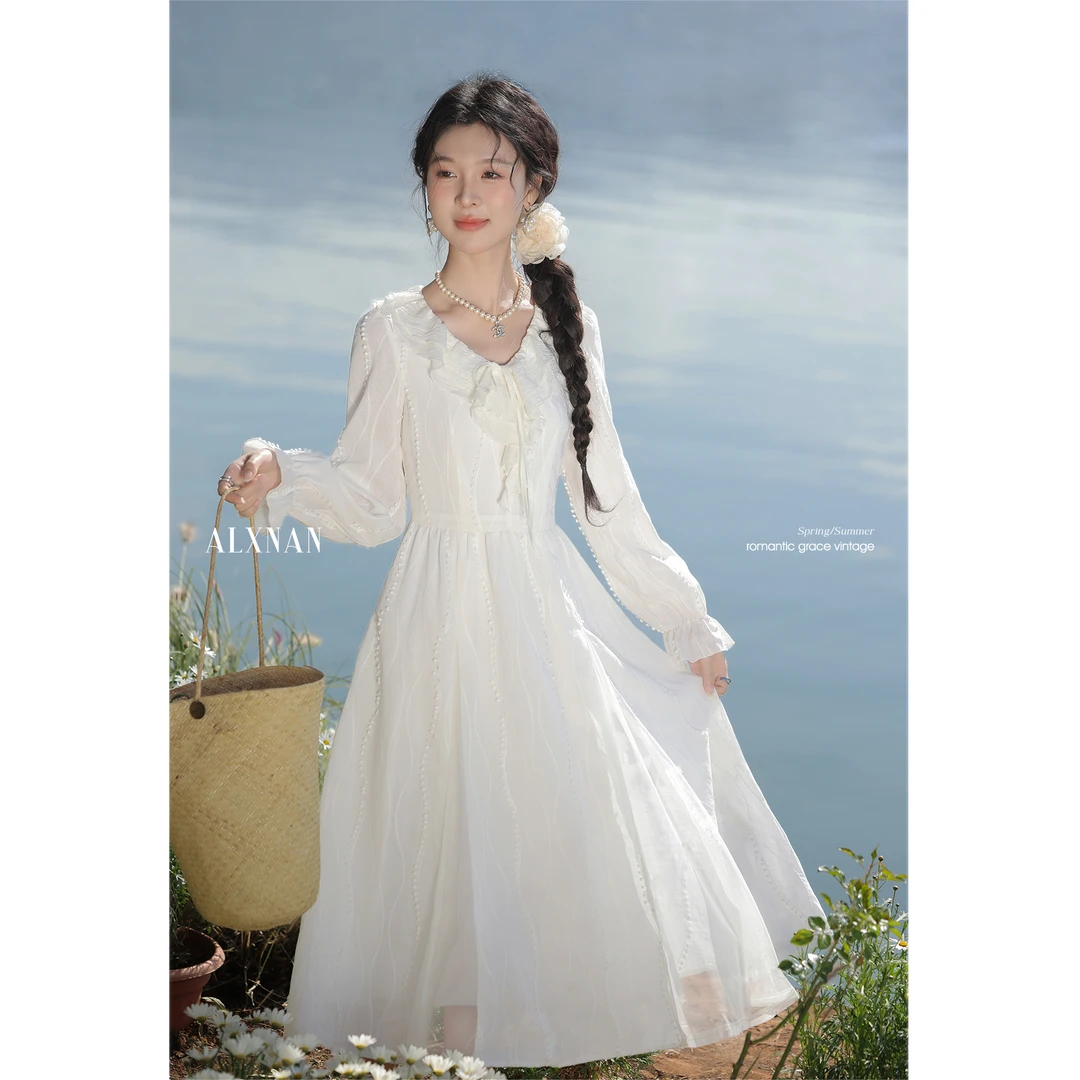 【粉丝福利】鹿向南「白塔玫瑰」法式气质连衣裙新款显瘦裙子女L53103