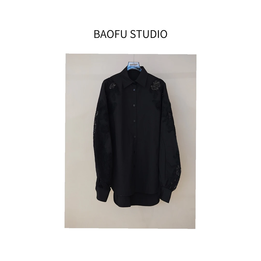 BAOFU studio | 重工立体刺绣花苞袖衬衫黑色法式蕾丝纯色衬衣