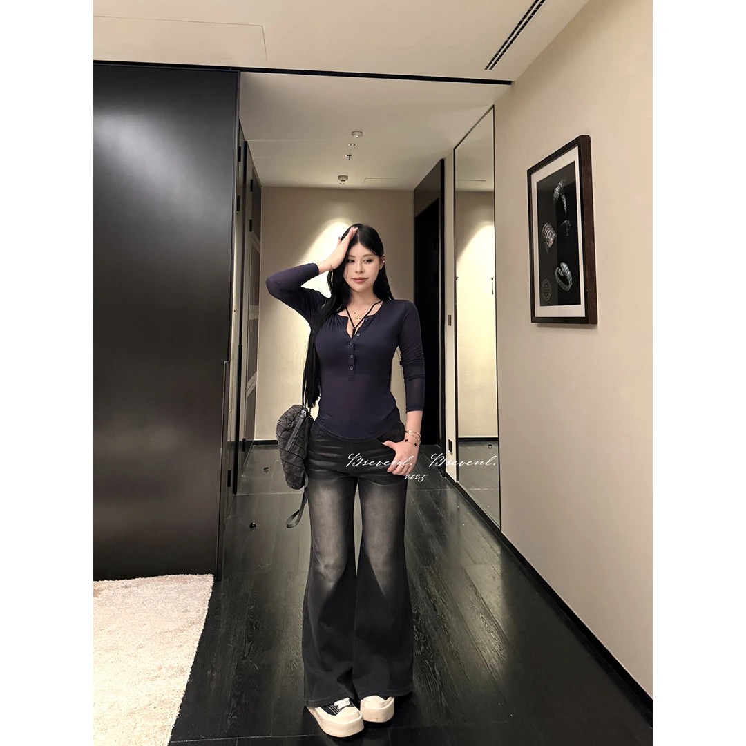 黑泽玄七“万人漫腿裤”秋冬微胖梨显瘦设计感微喇牛仔系列裤子女