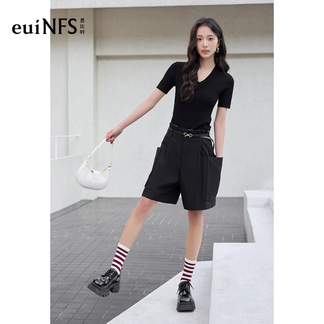 恩比时黑色休闲短裤2025夏季新款设计感工装气质百搭显瘦阔腿裤