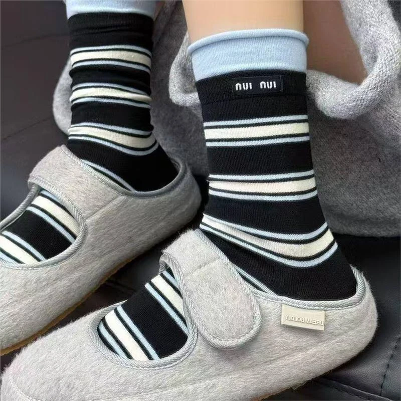 袜子女双层罗口日系撞色条纹ins潮中筒女袜春夏新款百搭堆堆袜