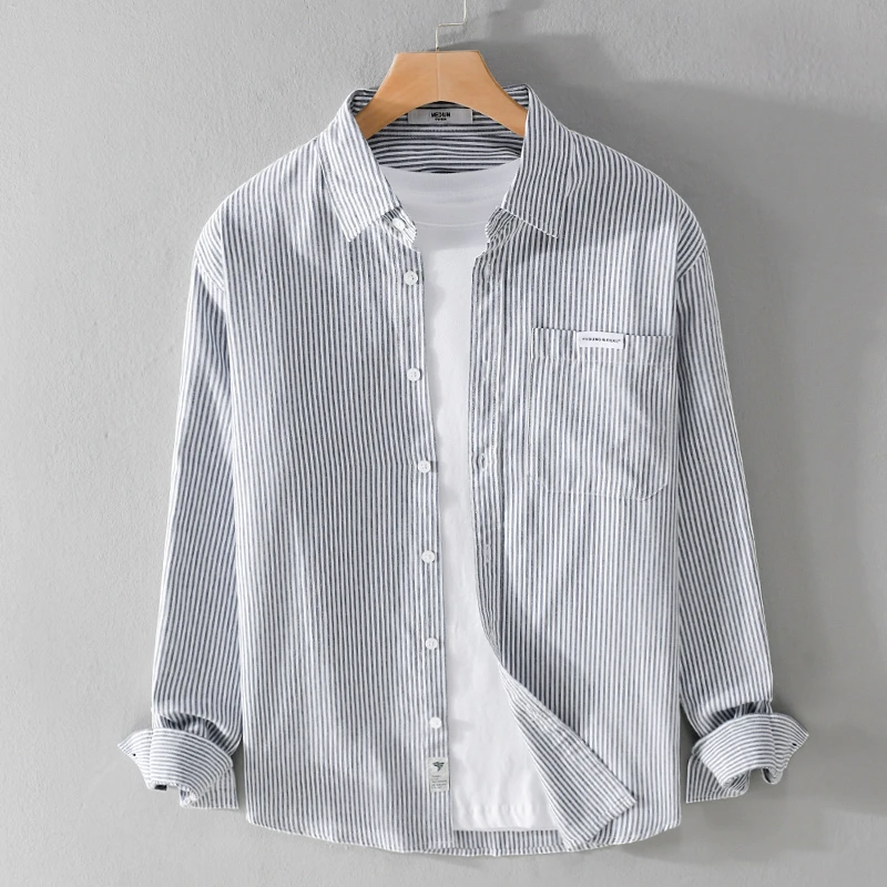 日系条纹衬衫潮男高级感青年文艺寸衫春秋季男装休闲免烫衬衣外套