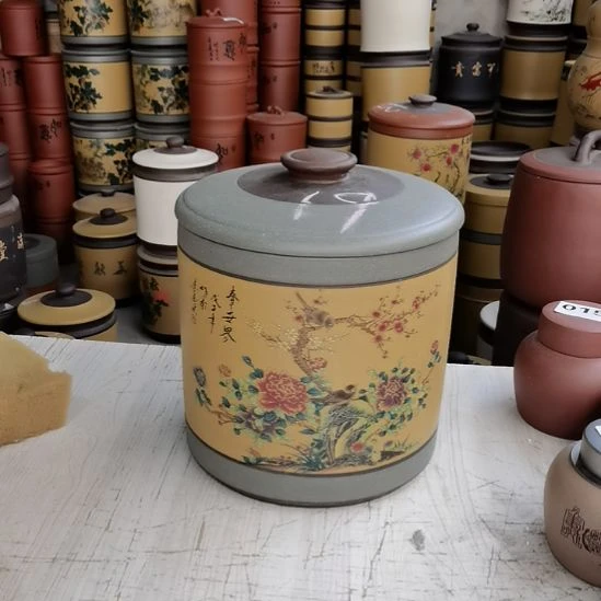 紫砂茶叶罐茶叶罐花鸟款八饼装19