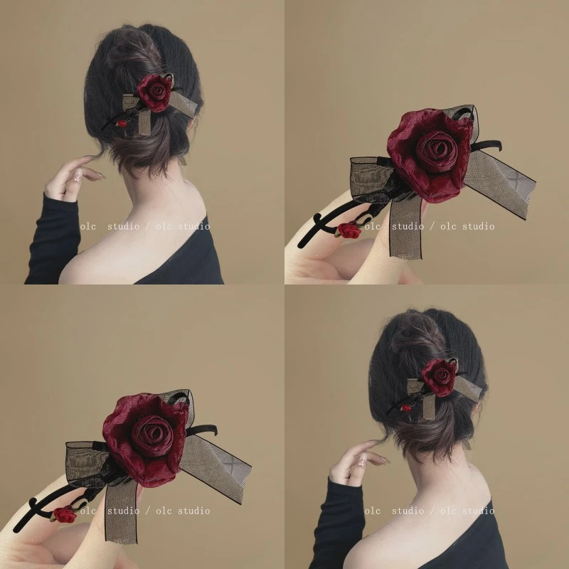 富贵千金！干枯玫瑰发夹！新中式后脑勺一字夹高级感旅行发卡头饰