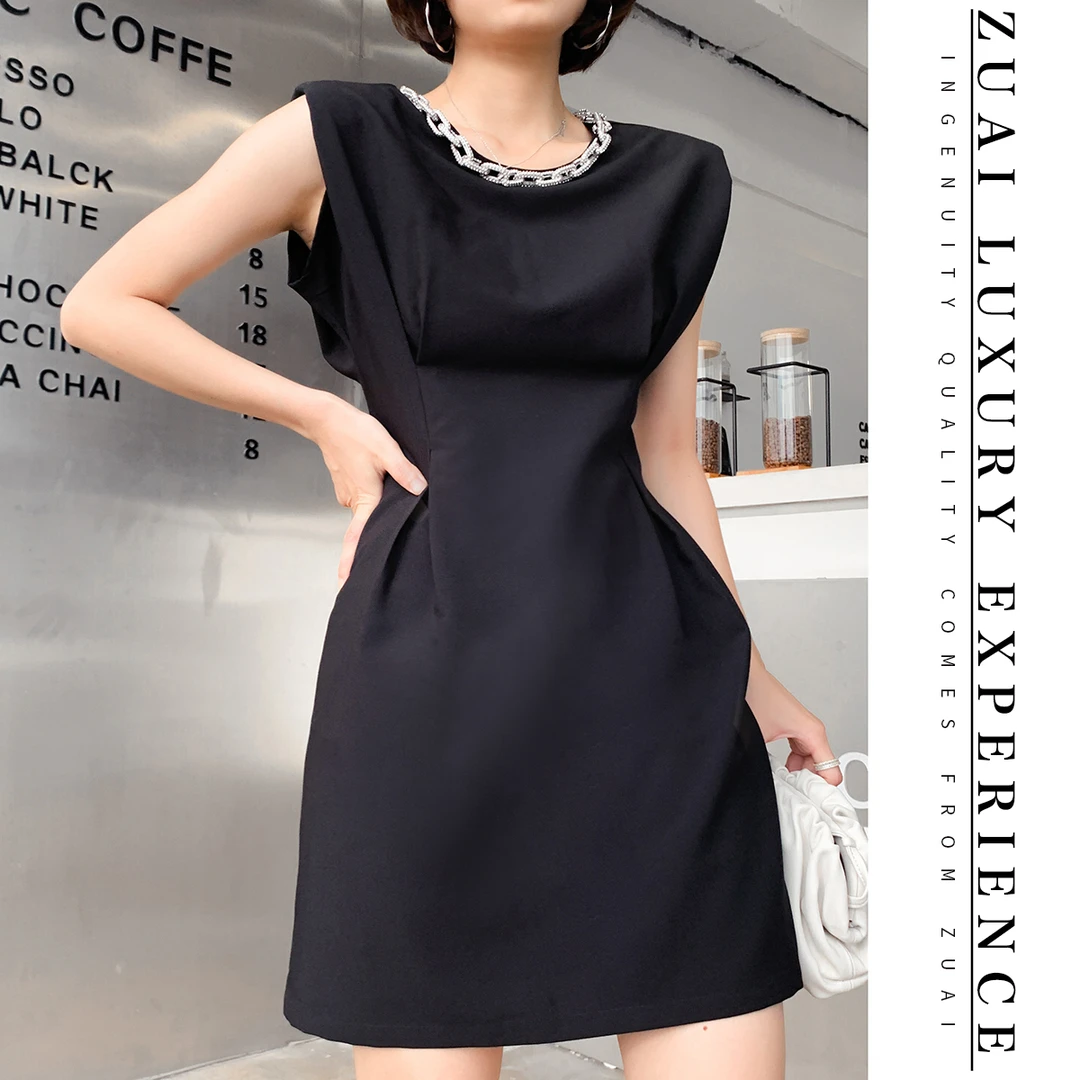 【链条小黑裙】斜纹哗叽连衣裙背心裙简收腰压褶女2110820