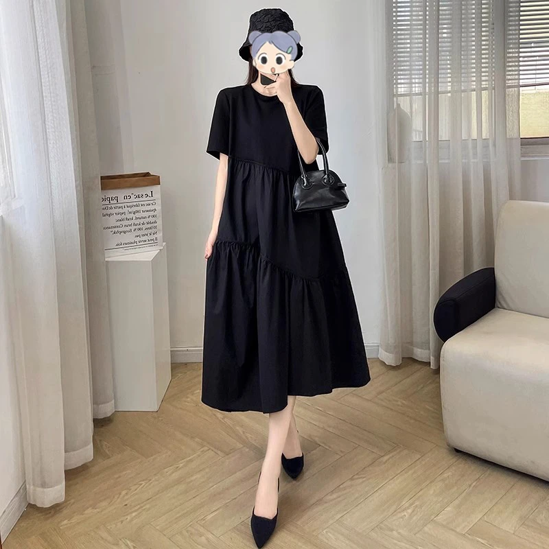 黑色短袖赫本风连衣裙女夏季2025新款韩版宽松显瘦大码中长款裙子