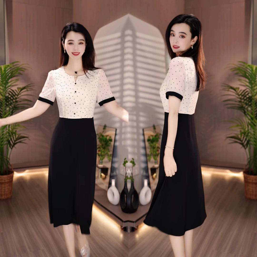 专柜现货 米白色波点连衣裙气质减龄优雅显瘦夏季短袖裙子拼接