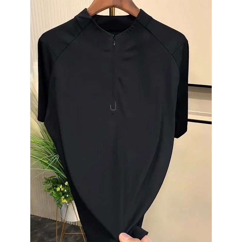 大码300斤男女夏季款短袖半拉链户外时尚速干高弹凉爽体恤ins潮牌