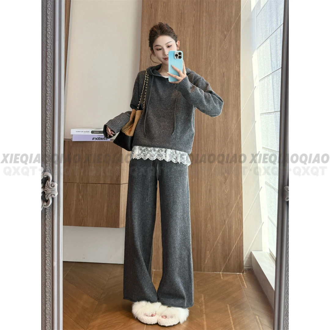 谢荞荞「洛克漫史」绵羊毛山羊绒连帽抽绳外套+松紧腰卫裤两件套装