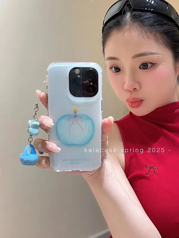 ins油画蓝苹果挂件适用iPhone16苹果15promax手机壳13/14韩女12套