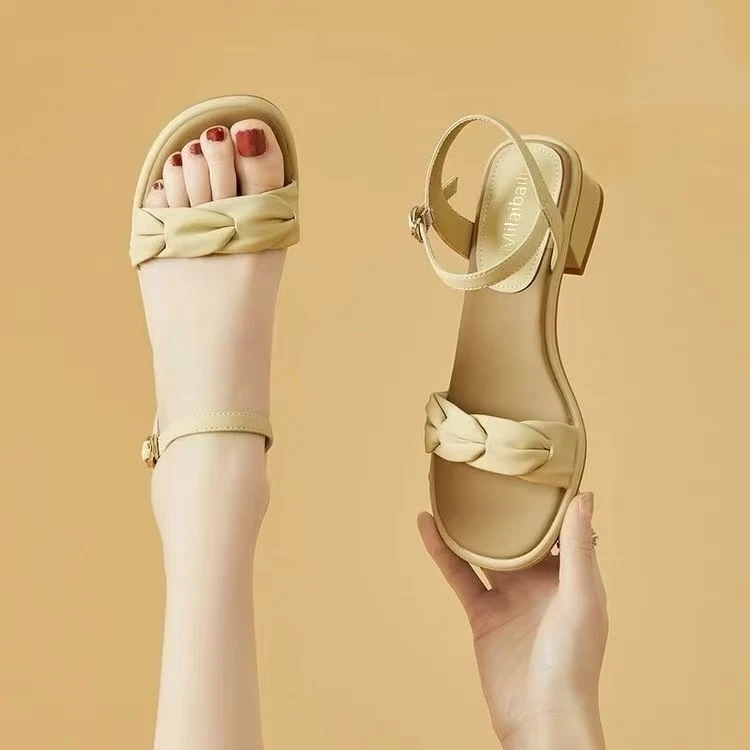 粗跟凉鞋女2025新款夏季舒适低跟女鞋百搭中跟一字带软底凉鞋女