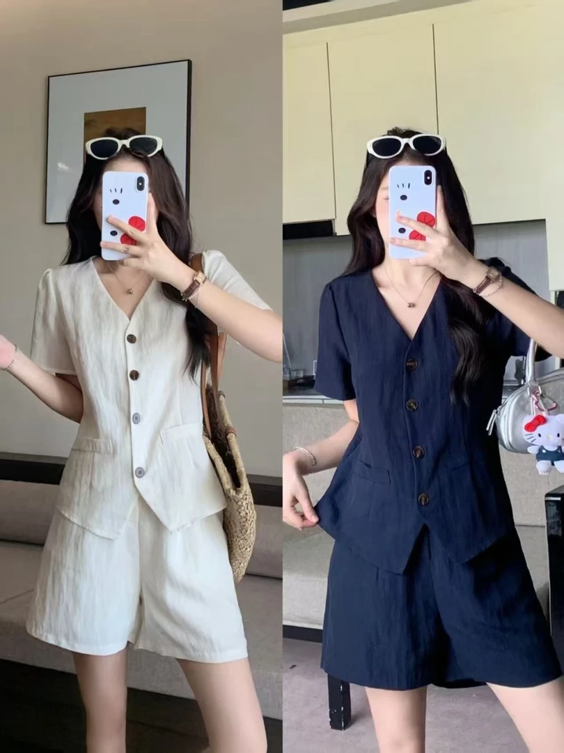 大码胖MM女装2025夏季休闲老钱风街头时尚单排扣短袖短裤两件套装