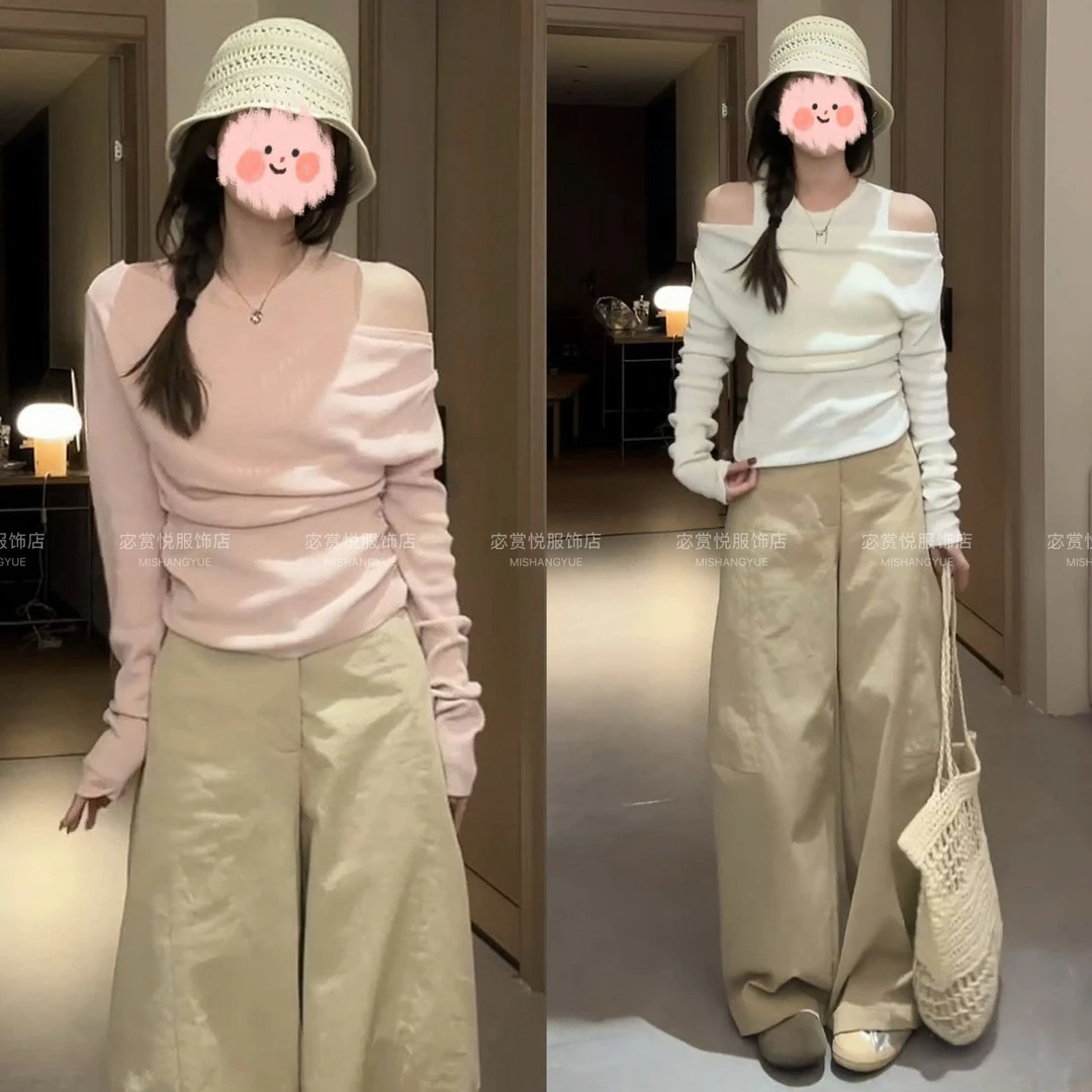 韩系小心机纯欲一字肩两件套针织上衣女早春气质修身粉色露肩T恤