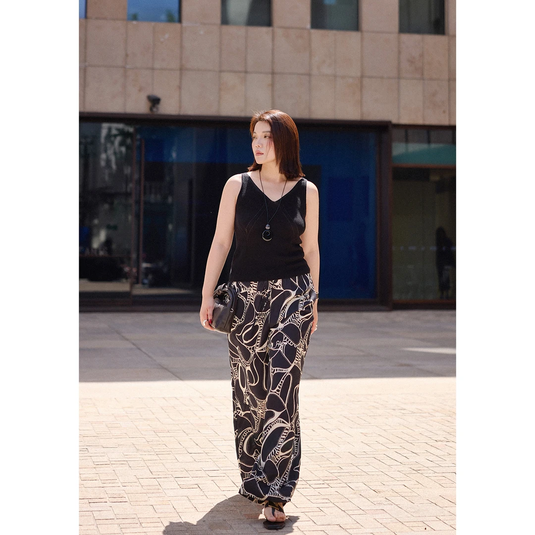 PLUSMALL 漫步西雅图 人棉亚麻混纺印花度假风直筒裤PLUS2505021