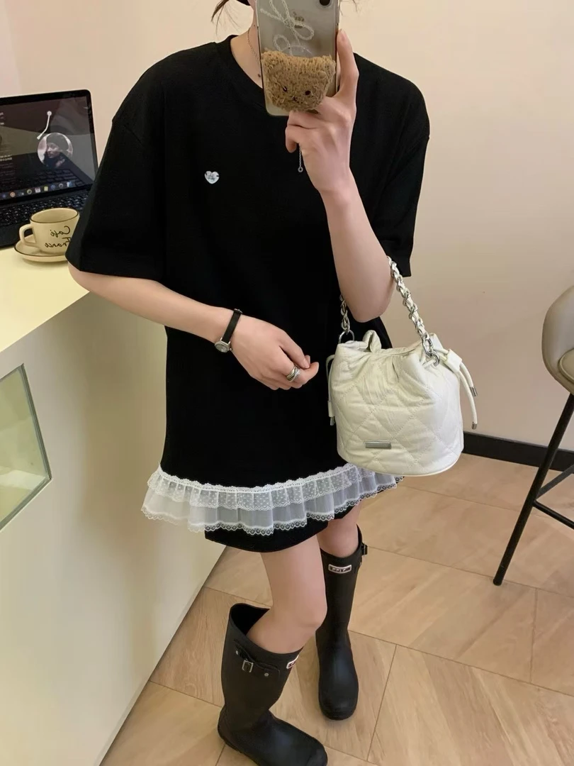 新款减龄显瘦拼接网纱宽松气质休闲洋气短袖T恤