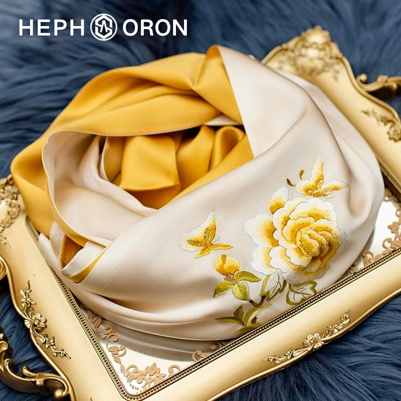 HEPHSORON苏绣丝巾礼盒妈妈款香槟刺绣披肩外搭桑蚕丝真丝围巾