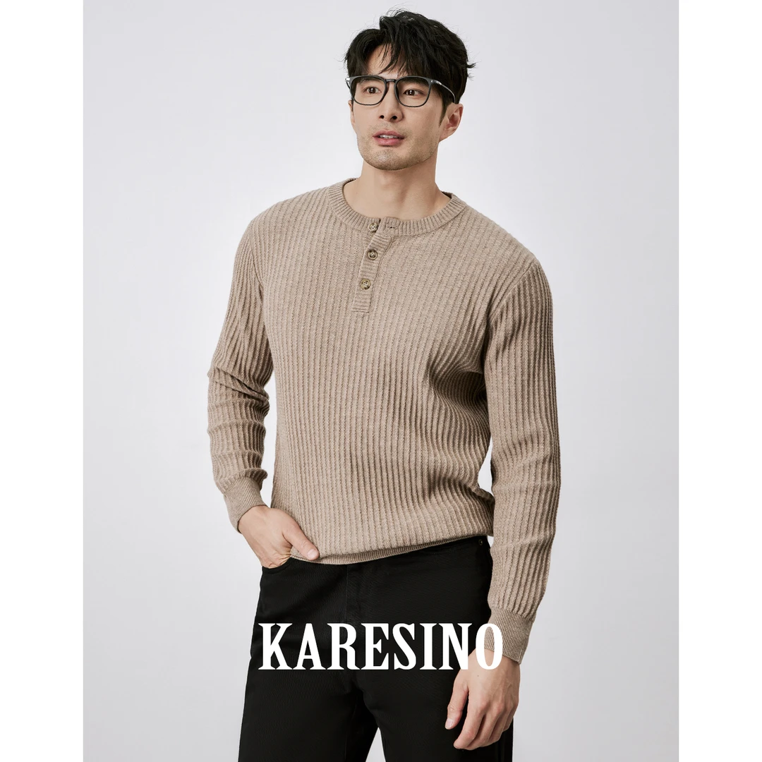 KARESINO秋冬季保暖亨利领针织衫男士休闲百搭圆领毛衣羊毛衫男款