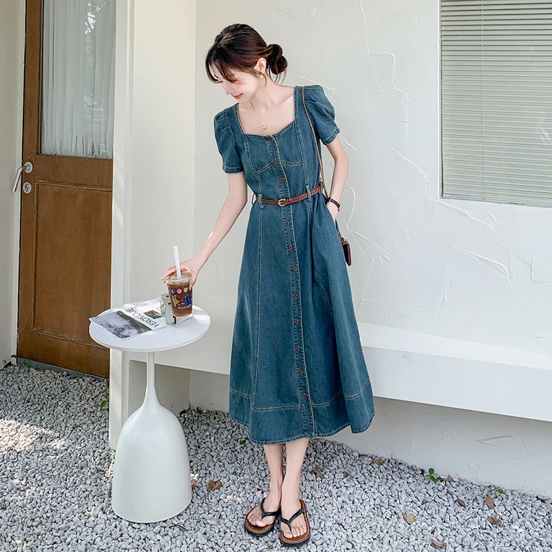 法式复古气质方领泡泡袖牛仔连衣裙女夏2025新款别致绝美收腰长裙