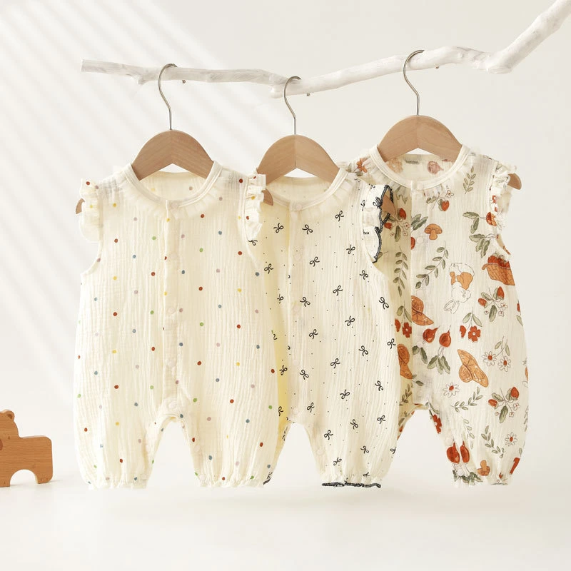 婴儿夏季薄款纱布无袖连体衣女宝宝飞袖哈衣女童夏款爬爬服外出服