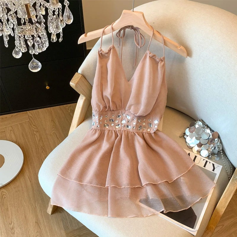 重工镶钻露背挂脖背心女夏季辣妹高级感收腰短款无袖雪纺上衣外穿